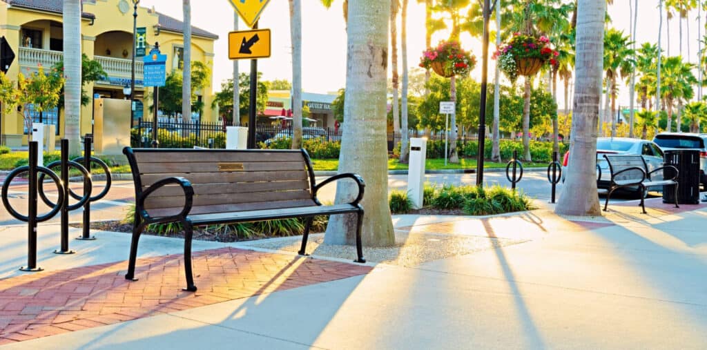 Cunningham Bench, Chandler Receptacle and Post and Ring Bike Rack
